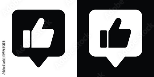 White outline speech bubble on black background enclosing thumbs up hand and four stars for top-rated message approval. Inverted duotone vector icon ideal for dark mode UI, chat feedback, review notif