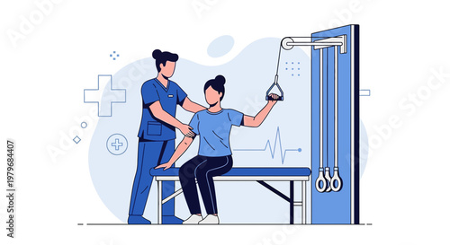 Physical Therapist Assists Patient with Arm Exercise on Cable Machine in Clinic
