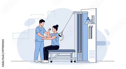 Physical therapist assists patient with arm exercise using cable machine for rehabilitation