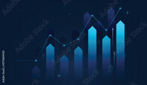 A glowing line graph climbs across tall blue bars, showing dynamic market movement. and Vertical neon columns form a futuristic financial dashboard backdrop