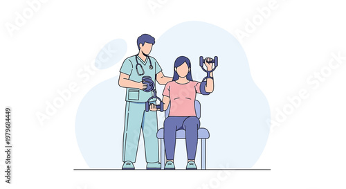 Physical Therapist Assists Patient with Arm Rehabilitation Exercise Using Weights