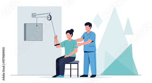 Physical therapist assists patient with arm rehabilitation using pulley system