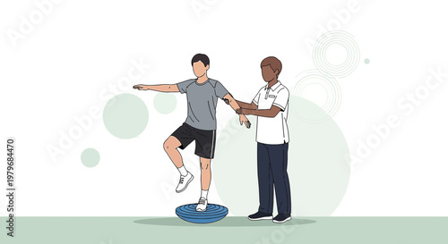 Physical Therapist Assists Patient with Balance Training on Wobble Board