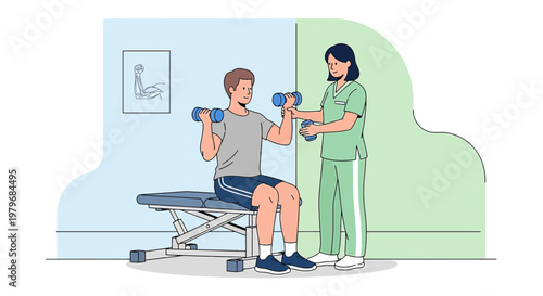 Physical therapist assists patient with dumbbell exercises for arm rehabilitation