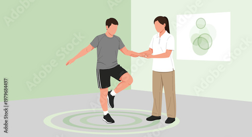 Physical Therapist Assists Patient with Balance Exercise on Balance Pad