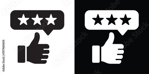  White outline speech bubble on black background enclosing thumbs up hand and four stars for top-rated message approval. Inverted duotone vector icon ideal for dark mode UI, chat feedback, review noti