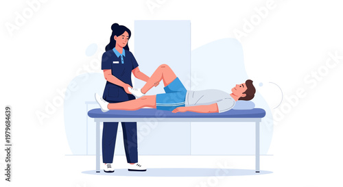 Physical therapist assists patient with leg rehabilitation on examination table.