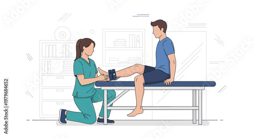 Physical therapist assists patient with leg rehabilitation on examination table