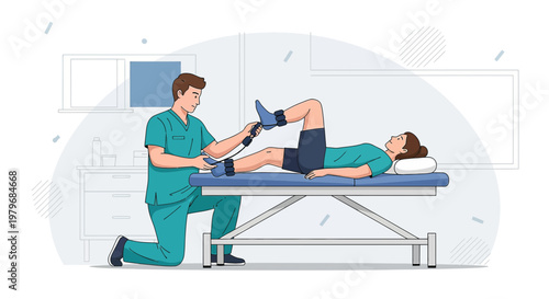 Physical Therapist Assists Patient with Leg Rehabilitation on Examination Table