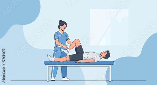 Physical Therapist Assists Patient with Leg Rehabilitation on Examination Table