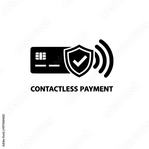A contactless payment icon with a credit card and a shield symbolizing secure transactions silhouette