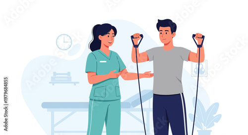 Physical Therapist Assists Patient with Resistance Band Exercise in Clinic