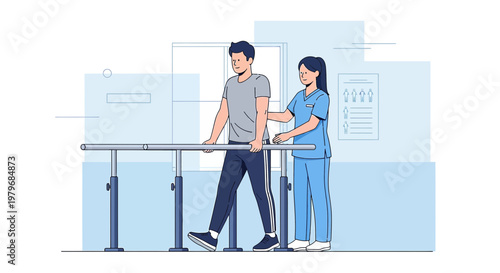Physical therapist assists patient walking on parallel bars for rehabilitation after surgery or injury