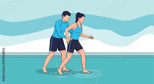 Physical Therapist Assists Patient Walking in Water for Rehabilitation