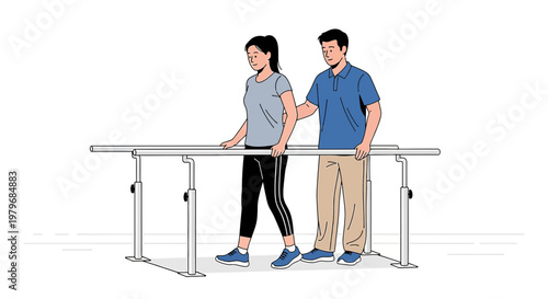 Physical Therapist Assists Patient Walking on Parallel Bars for Rehabilitation and Recovery