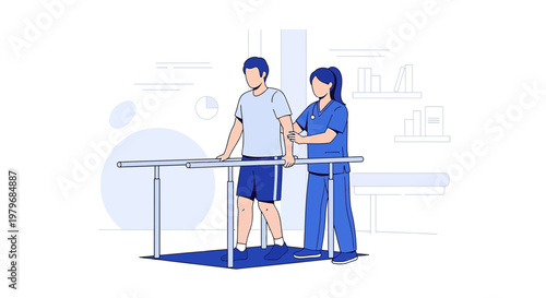 Physical therapist assists patient walking with parallel bars for rehabilitation after surgery or injury