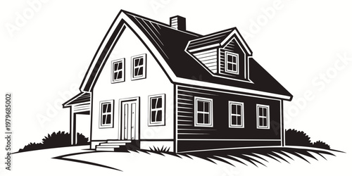 Vector illustration of a traditional suburban house with a covered porch and dormer building residential architecture property realestate suburban illustration silhouette exterior