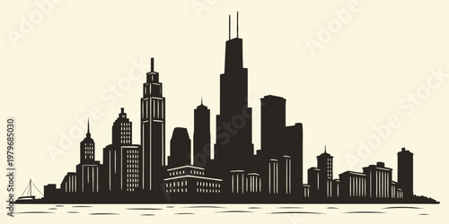 Solid black silhouette graphic of a metropolitan city skyline with iconic skyscrapers and waterfront horizon isolated on an off-white background for urban design projects silhouette skyscraper