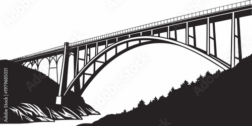 Coastal arch bridge silhouette graphic illustration of a high highway bridge over a river canyon with silhouette illustration architecture landscape structure engineering transportation