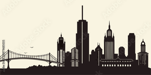Modern city skyline silhouette with suspension bridge and various skyscraper buildings illustration silhouette illustration suspension skyscrapers buildings cityscape architecture