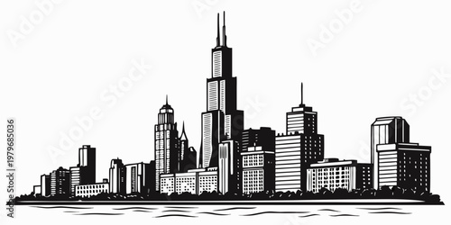 Black and white architectural illustration of a modern city skyline featuring multiple skyscrapers and waterfront reflecting urban landscape design and metropolitan environment, skyscrapers