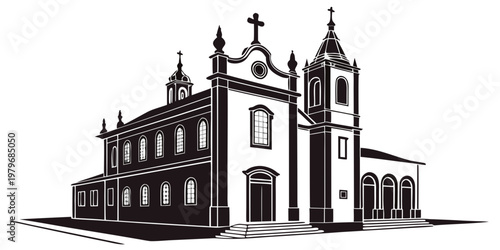 Traditional colonial style catholic church illustration in black and white featuring a bell tower and symmetrical architectural facade for cultural and religious themes colonial architecture