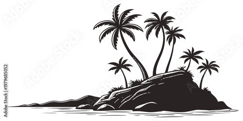 Tropical desert island silhouette illustration featuring palm trees and rocks overlooking the sea for travel vacation and summer paradise themed graphic design tropical paradise vacation