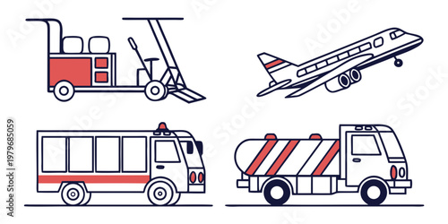 Collection of airport ground support equipment including an airplane takeoff baggage tug passenger shuttle bus and aviation fuel tanker truck in line art style with equipment airplane aviation