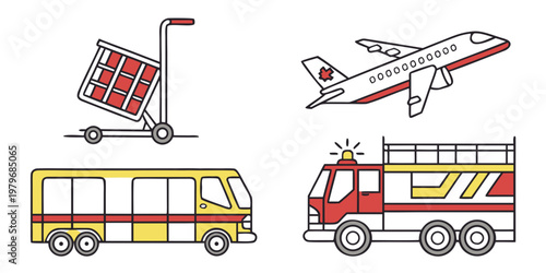 Set of airport operation vehicle icons including a baggage trolley commercial airplane yellow passenger shuttle bus and airport fire engine in colorful line art with operation, airplane