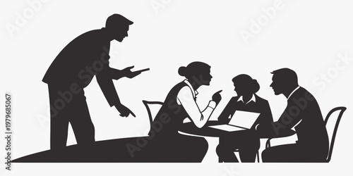 Business meeting and teamwork silhouette of a group of professionals discussing project details at a table with a laptop computer in a collaborative office environment business silhouette