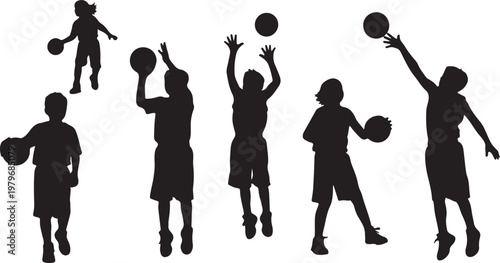 Urban winter landscape. Children playing snowballs, building a snowman. People, houses under snow, Christmas trees. Vector illustration.