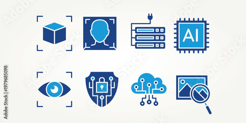 minimalist set of artificial intelligence technology flat icons vector illustration design. processor, cloud AI, cyber security and more