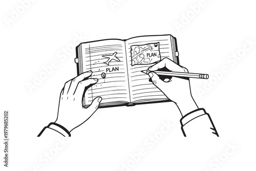 Travel Planning Notebook with Map and Hand Writing Plan – Trip Organization Illustration for Tourism Strategy, Itinerary, and Vacation Content