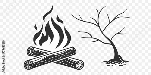 Graphic vector illustration of a warm campfire with burning logs located next to a bare leafless dead tree in a barren landscape environment campfire leafless branches environment bushcraft