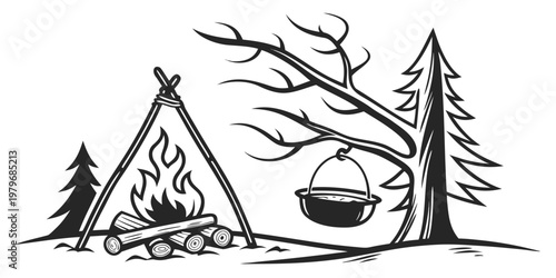 Hand drawn black and white vector illustration of a cozy wilderness campsite featuring a crackling campfire with logs and a traditional cooking pot hanging from a tree branch near pine trees