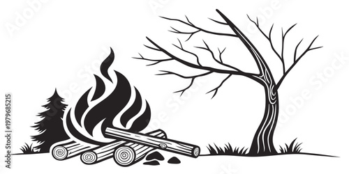 Black and white nature landscape illustration showing a campfire with logs beside a pine tree and a dead tree in the woods campfire landscape wilderness adventure illustration survival