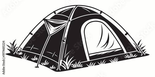 Professional black and white graphic illustration of a modern dome camping tent pitched on grass for hiking trips and outdoor overnight stays in the wilderness forest or mountain park terrain
