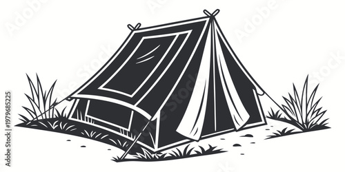 Detailed black and white vector drawing of a spacious frame camping tent with an open door and window flap pitched on grass in a natural outdoor setting for family vacation and scouting camp