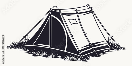 Minimalist black and white vector illustration of a classic triangular camping tent pitched on a patch of grass for outdoor adventure and recreational lodging in the nature wilderness park