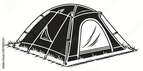 Clean black and white line art illustration of a sturdy dome camping tent designed for outdoor backpacking trekking and wilderness survival adventures in a natural environment landscape setting