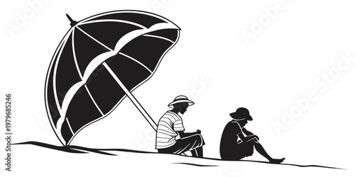 Black and white graphic silhouette of two people relaxing on a beach under a large sun umbrella during a summer vacation with umbrella silhouette vacation relaxation lifestyle friendship
