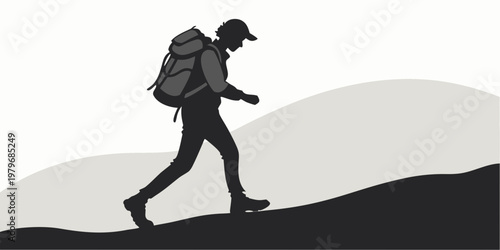 Minimalist silhouette illustration of a person with a backpack hiking up a gentle hill against a simple gray background silhouette backpack trekking adventure mountain exploration