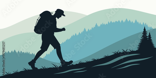 Silhouette of a man in hiking gear and shorts trekking through a mountainous landscape with dense evergreen forests and rolling hills in teal tones silhouette mountain backpack trekking