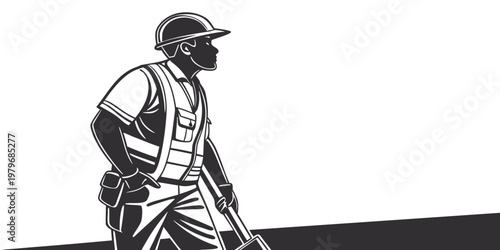 Professional construction worker in a safety vest and hard hat holding a shovel ready for work depicted in a side profile illustration tool belt graphic design construction industry