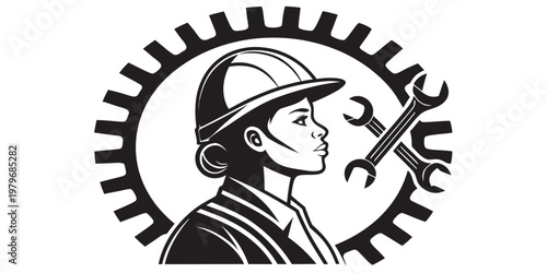 Vector graphic portrait of a female engineer wearing a safety helmet profile view surrounded by an industrial gear and crossed wrenches symbolizing women in stem and industry with engineer
