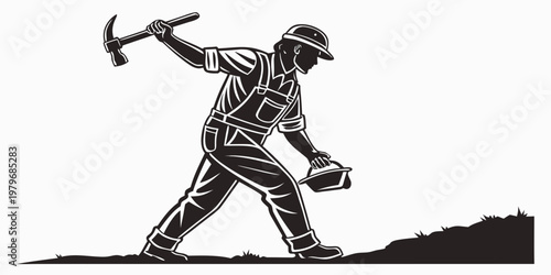 Stylized black and white graphic illustration of a manual laborer in overalls wearing a protective helmet swinging a pickaxe and carrying a bucket while working outdoors with overalls, industry