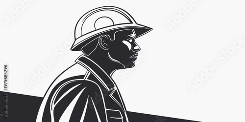 Minimalist black and white profile illustration of a male industrial worker wearing a protective hard hat looking forward with determination on a neutral background industry construction