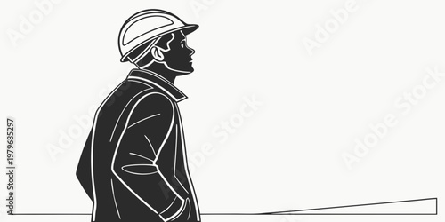 Black and white side view illustration of a male construction worker in a hard hat and jacket looking upwards towards a project or tall structure for development concepts with construction