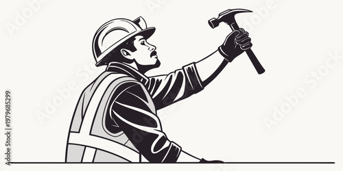 Black and white illustration of a male construction worker wearing a hard hat and high-visibility safety vest holding a hammer upwards for building and repair concepts with construction