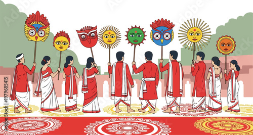 A group of people in traditional red and white attire holding up colorful, decorative fans or placards during a cultural procession or festival.